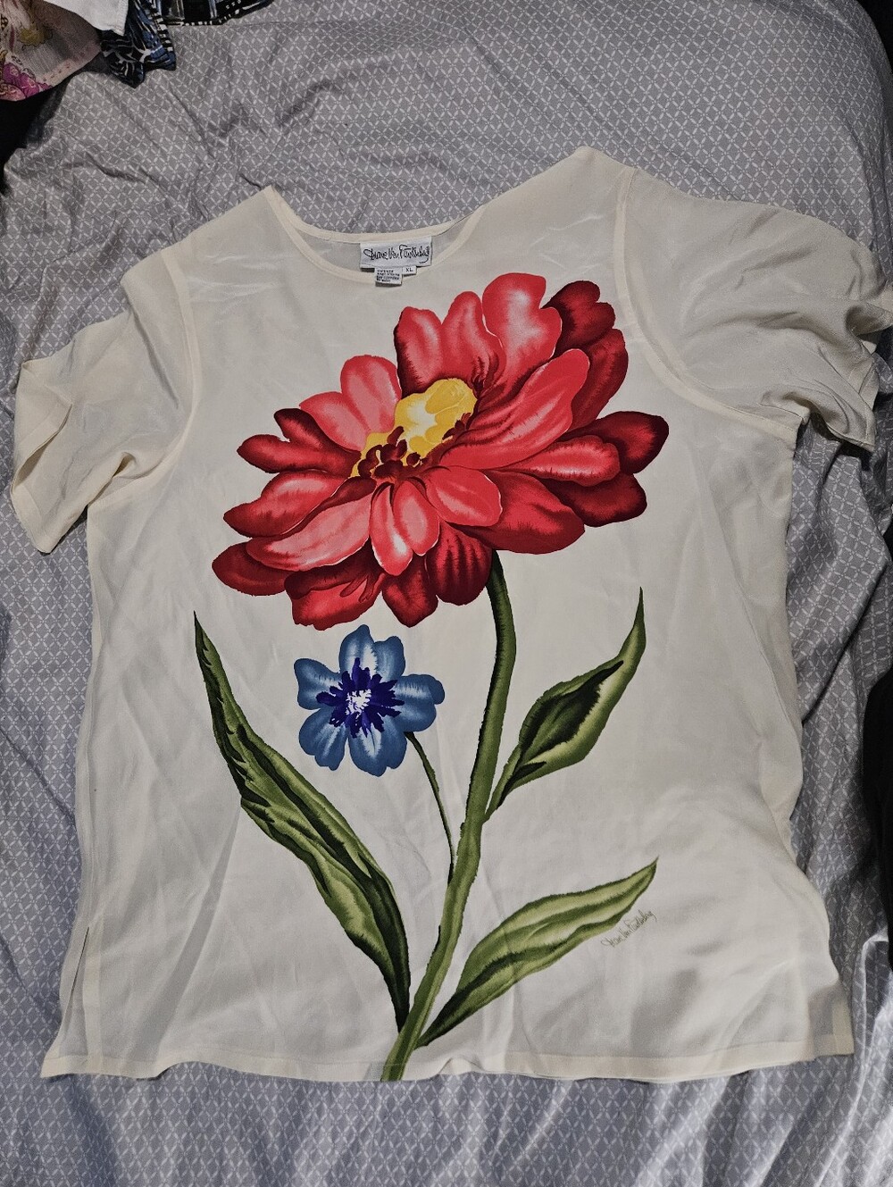 Vintage Diane Von Furstenberg Cream Silk Top with Bold Red Floral